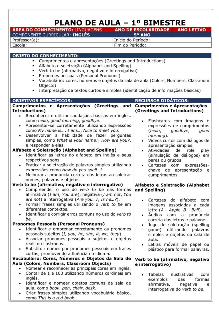 Plano de aula bimestral e anual