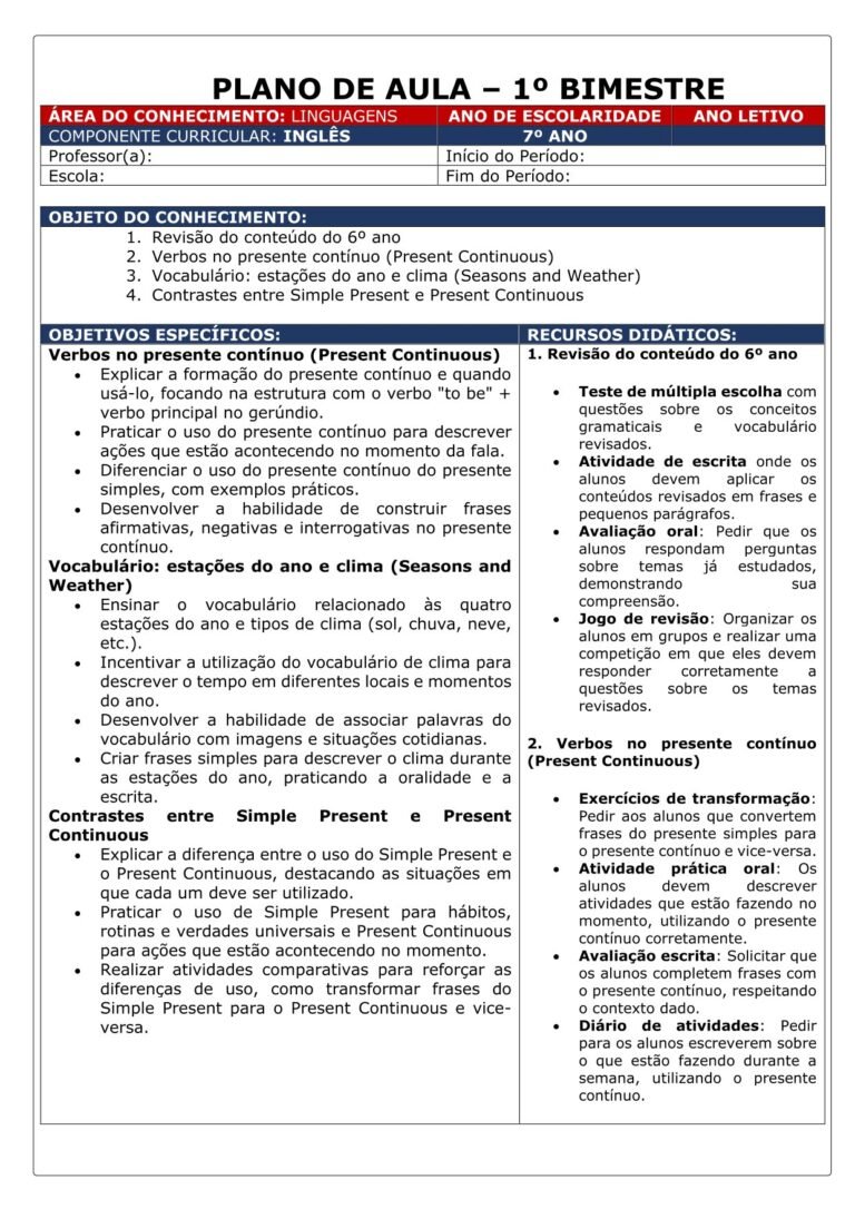 modelo de plano de aula bimestral e anual pronto pra usar, de Inglês, para o 6º, 7º, 8º e 9º ano, de acordo com a BNCC