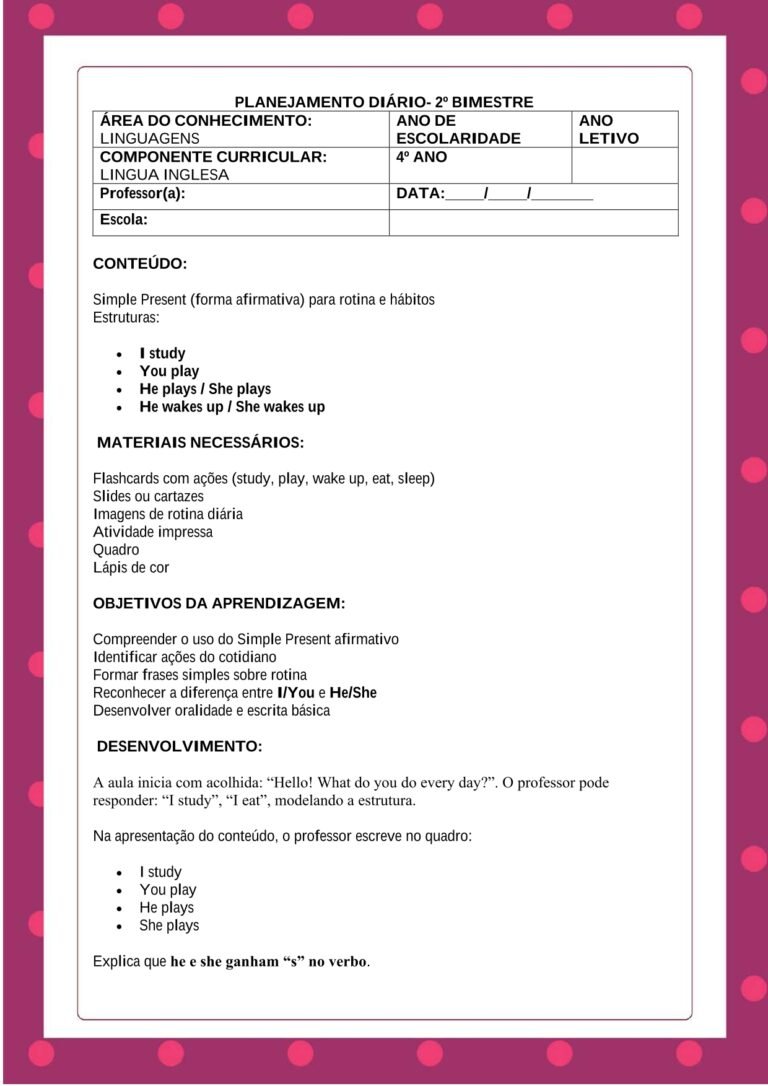 plano de aula ingles 1, 2, 3, 4 e 5 ano